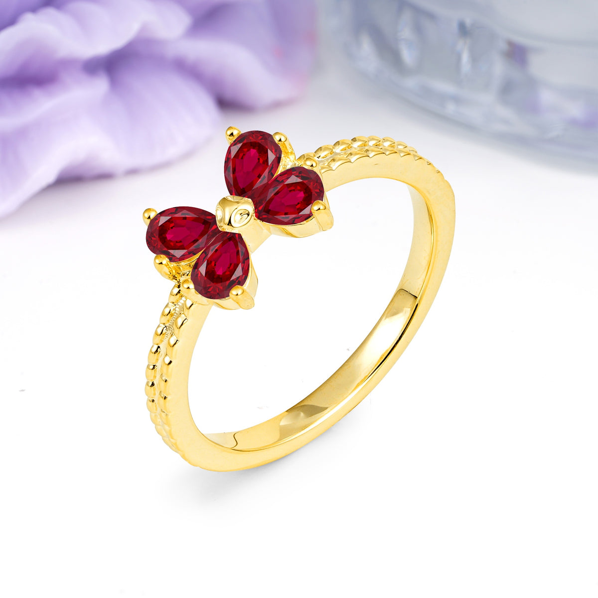 Four Marquise Butterfly Solitaire Milgrain Double Band Ruby Engagement Ring - Additional view