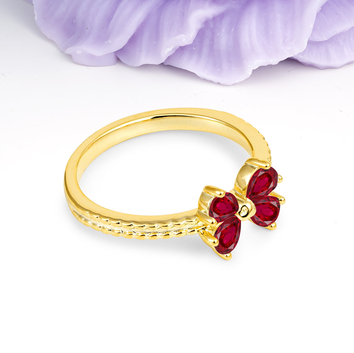 Four Marquise Butterfly Solitaire Milgrain Double Band Ruby Engagement Ring - Additional view