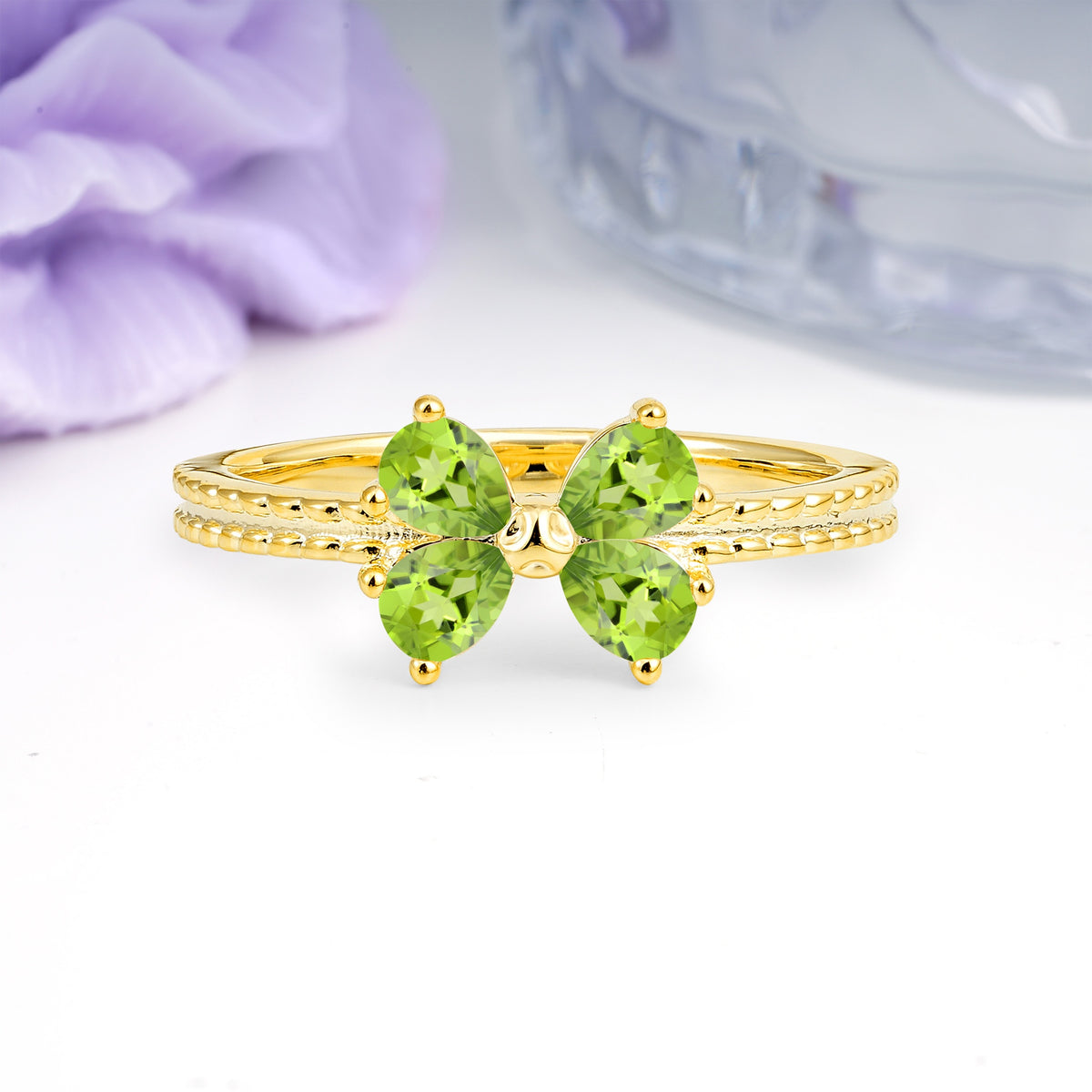 Four Marquise Butterfly Solitaire Milgrain Double Band Peridot Engagement Ring - Additional view