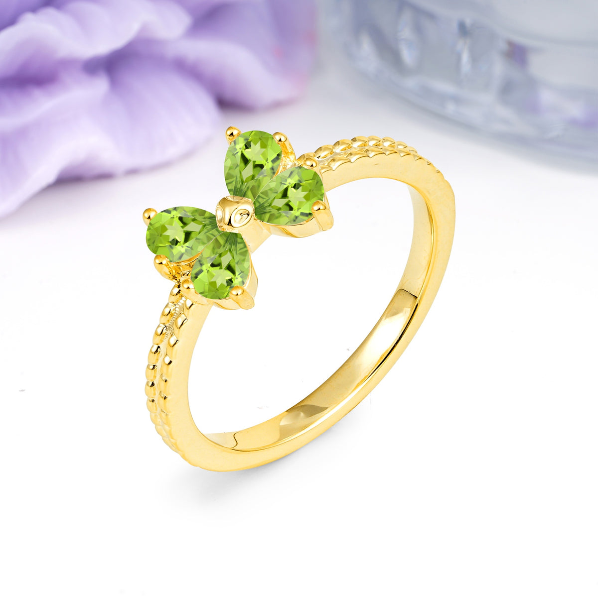 Four Marquise Butterfly Solitaire Milgrain Double Band Peridot Engagement Ring - Additional view