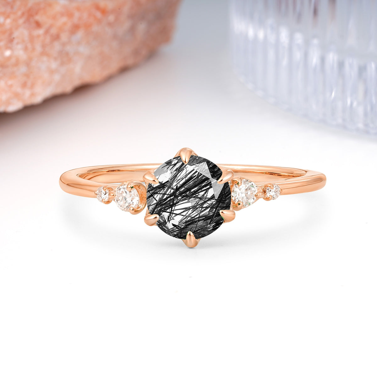 Unique and Minimalist 6-Prong Round Cut Black Rutilated Quartz Engagement Ring - Additional view