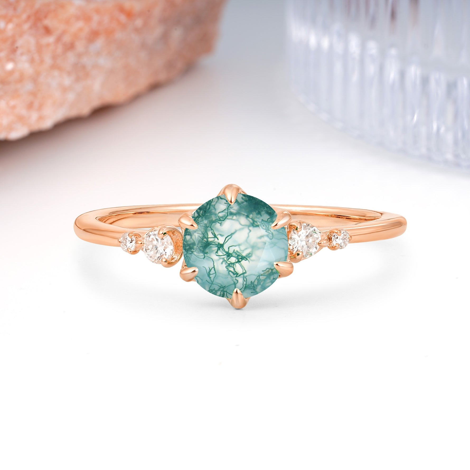 Unique and Minimalist 6-Prong Round Cut Moss Agate Engagement Ring - Additional view