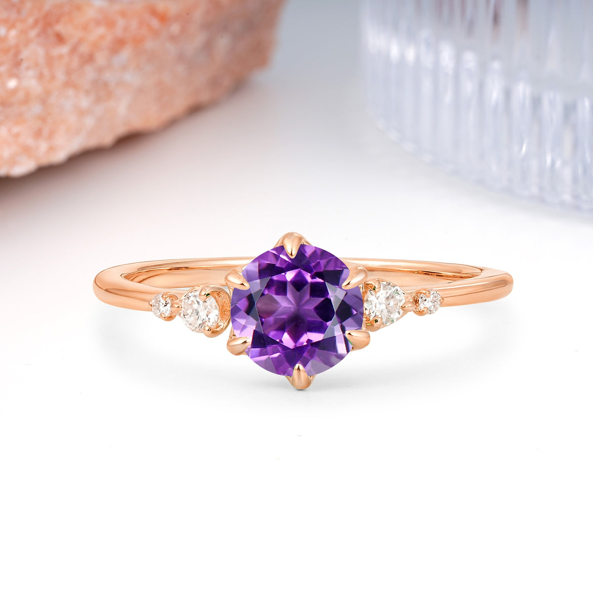 Unique and Minimalist 6-Prong Round Cut Amethyst Engagement Ring - Additional view