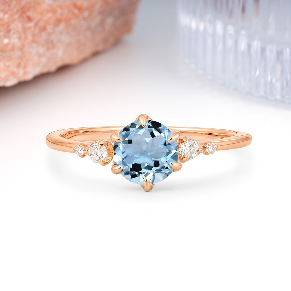 Unique and Minimalist 6-Prong Round Cut Aquamarine Engagement Ring - Additional view