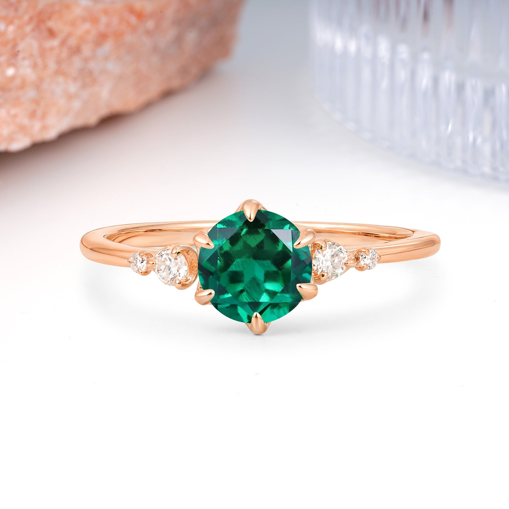 Unique and Minimalist 6-Prong Round Cut Emerald Engagement Ring - Additional view