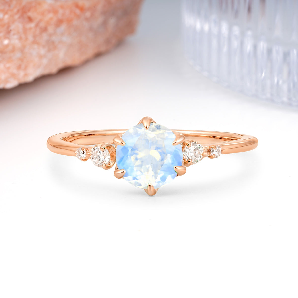 Unique and Minimalist 6-Prong Round Cut Moonstone Engagement Ring - Additional view