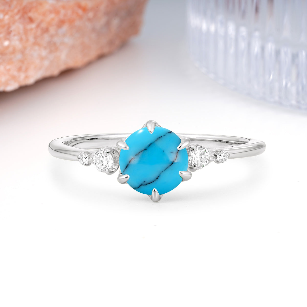 Unique and Minimalist 6-Prong Round Cut Turquoise Engagement Ring - Additional view
