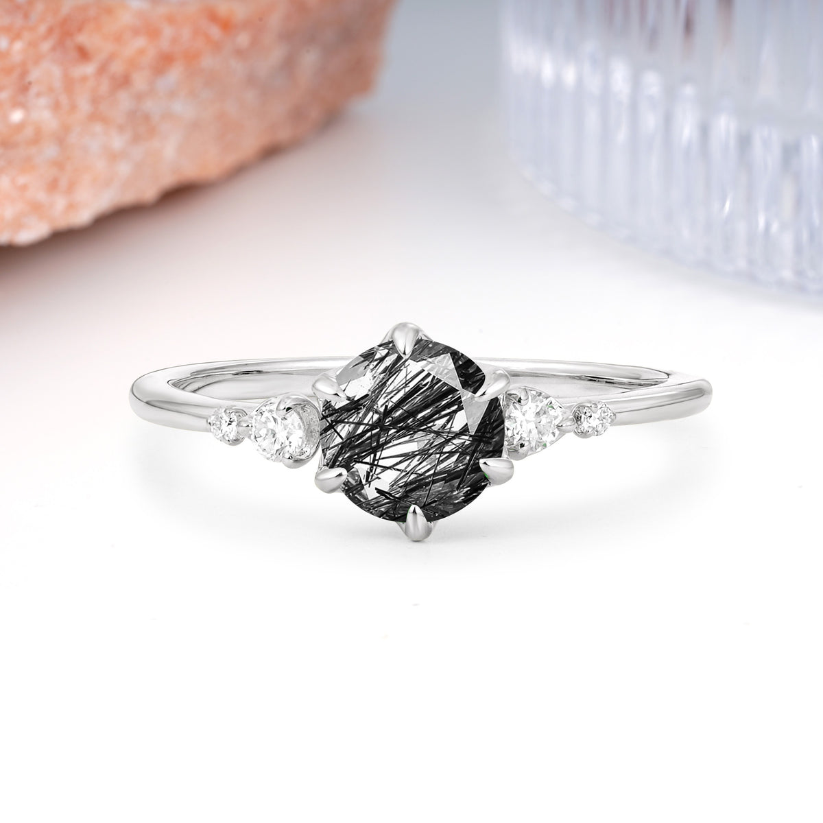 Unique and Minimalist 6-Prong Round Cut Black Rutilated Quartz Engagement Ring - Additional view