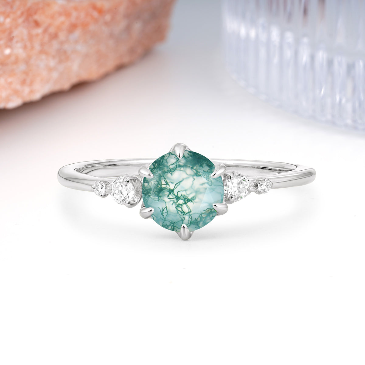 Unique and Minimalist 6-Prong Round Cut Moss Agate Engagement Ring - Additional view