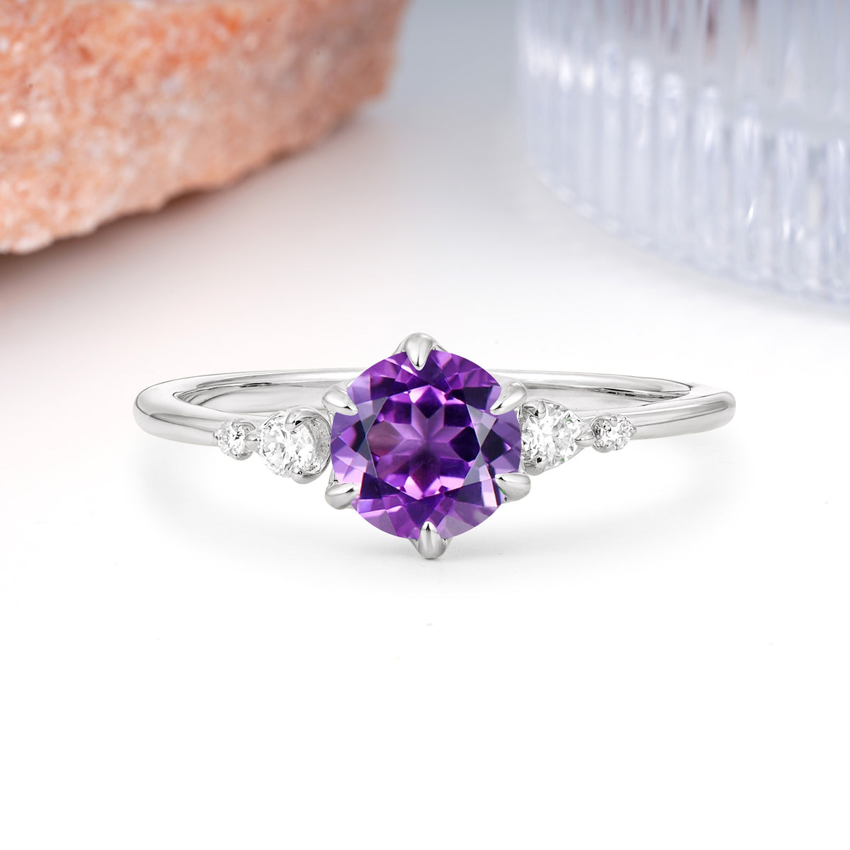 Unique and Minimalist 6-Prong Round Cut Amethyst Engagement Ring - Additional view