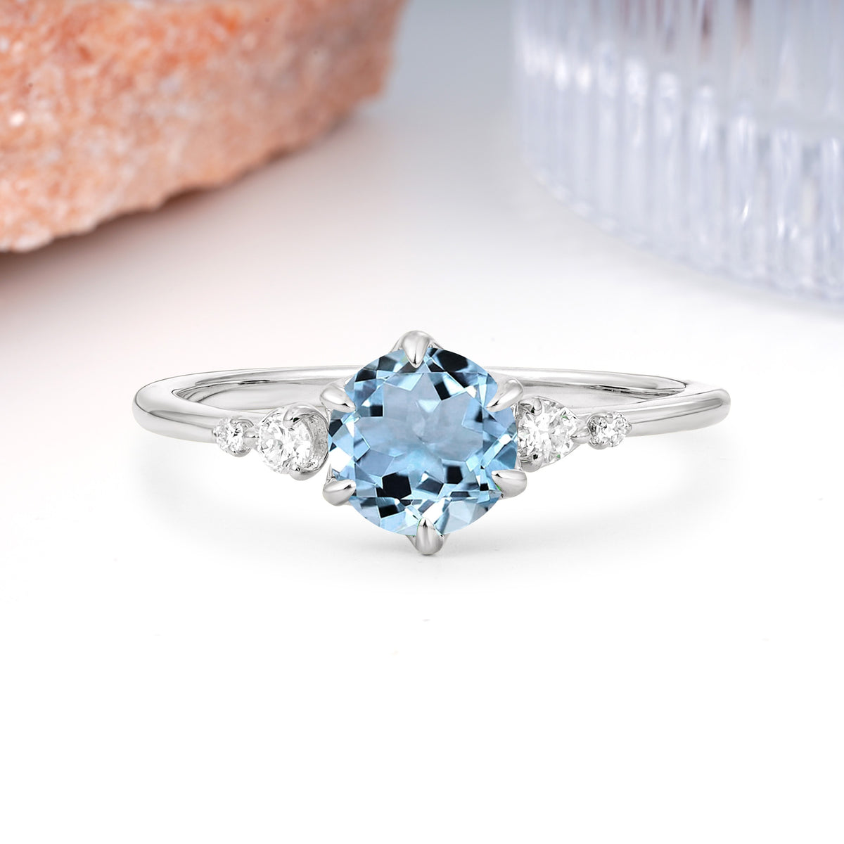 Unique and Minimalist 6-Prong Round Cut Aquamarine Engagement Ring - Additional view