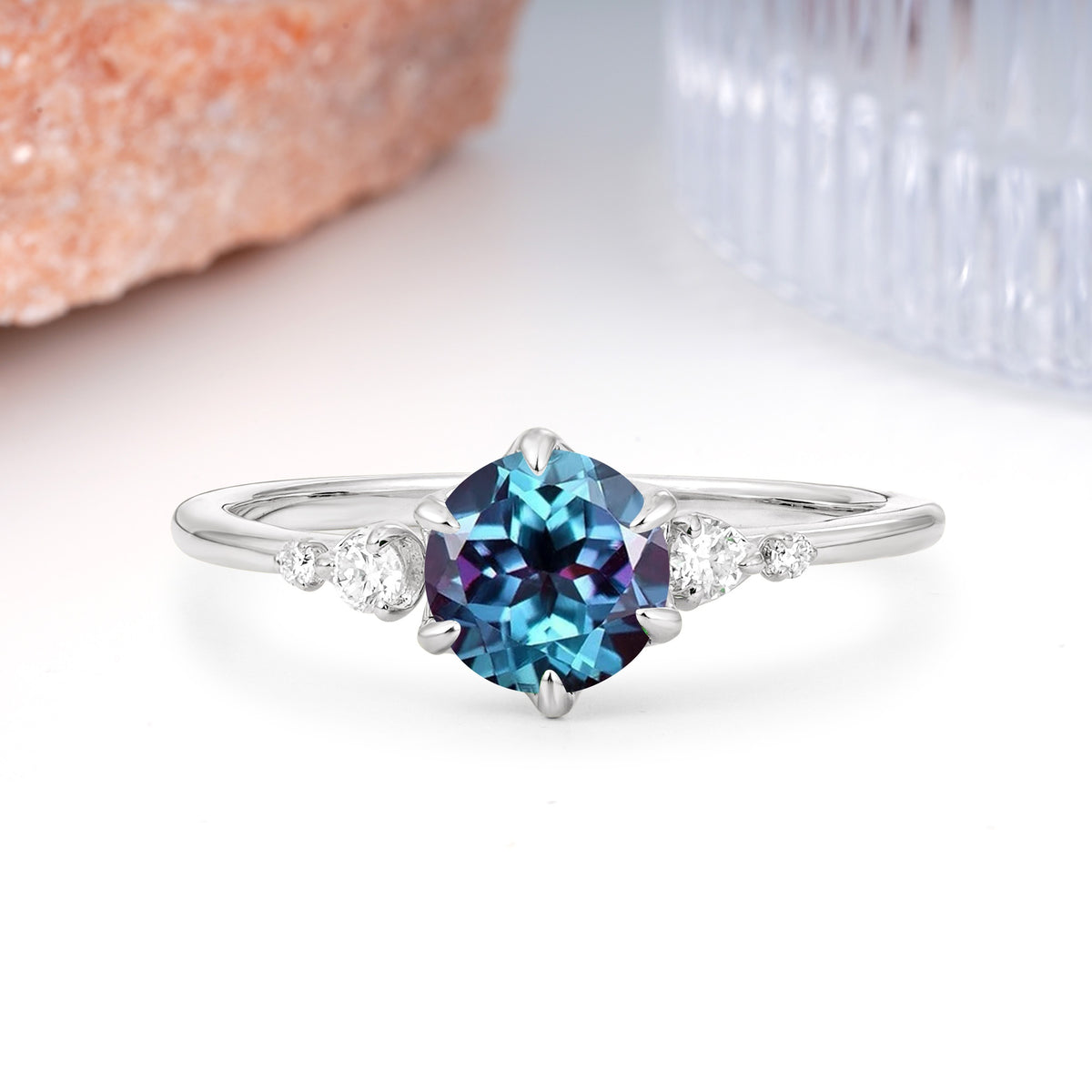 Unique and Minimalist 6-Prong Round Cut Alexandrite Engagement Ring - Additional view