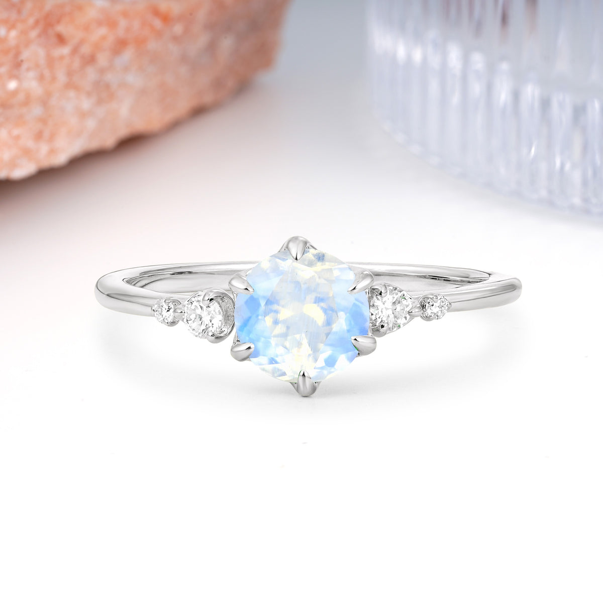 Unique and Minimalist 6-Prong Round Cut Moonstone Engagement Ring - Additional view