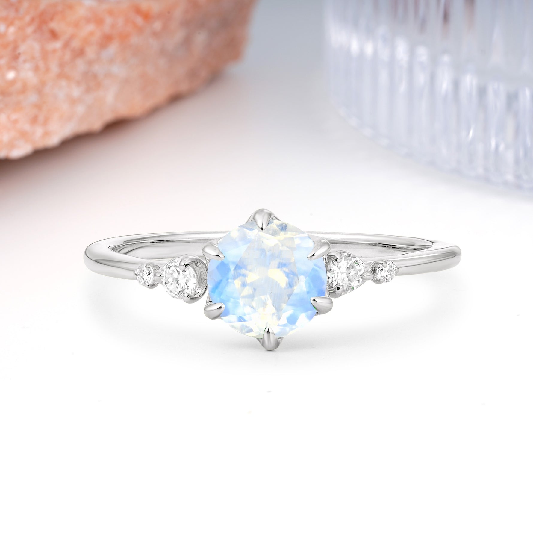 Unique and Minimalist 6-Prong Round Cut Moonstone Engagement Ring - Additional view