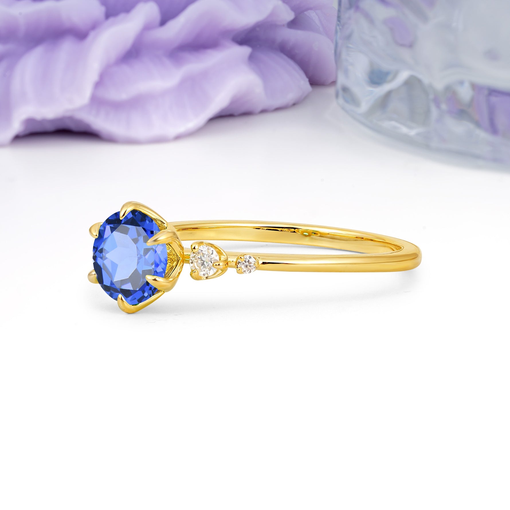 Unique and Minimalist 6-Prong Round Cut Sapphire Engagement Ring - Additional view