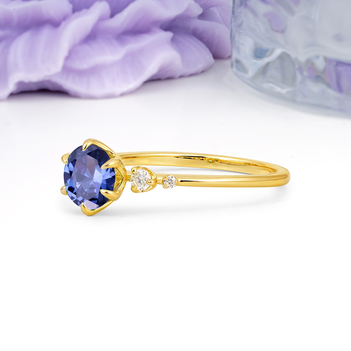 Unique and Minimalist 6-Prong Round Cut Tanzanite Engagement Ring - Additional view