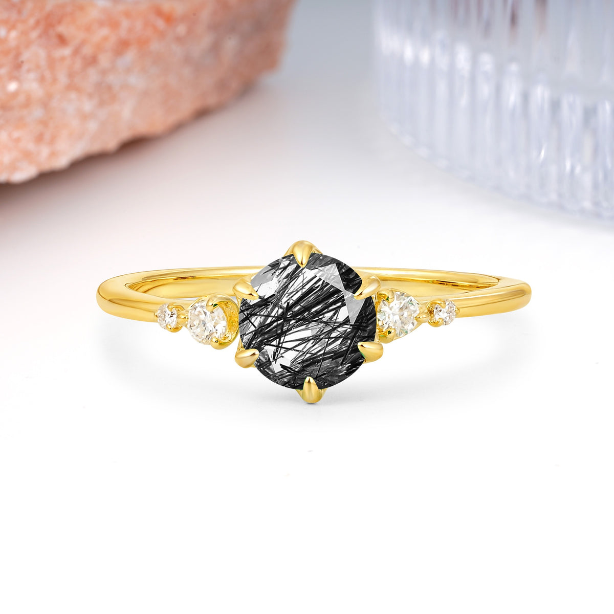 Unique and Minimalist 6-Prong Round Cut Black Rutilated Quartz Engagement Ring - Additional view