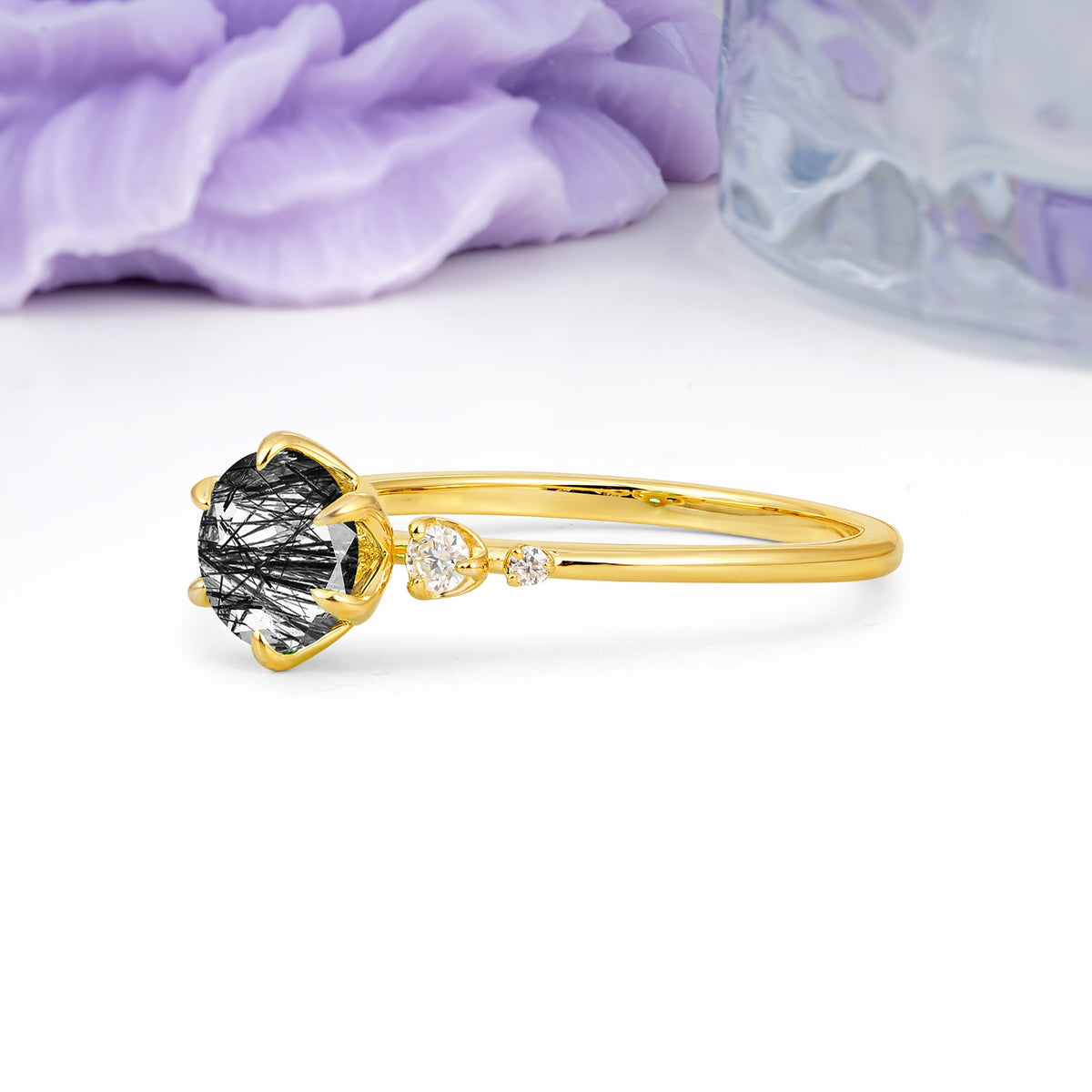 Unique and Minimalist 6-Prong Round Cut Black Rutilated Quartz Engagement Ring - Additional view