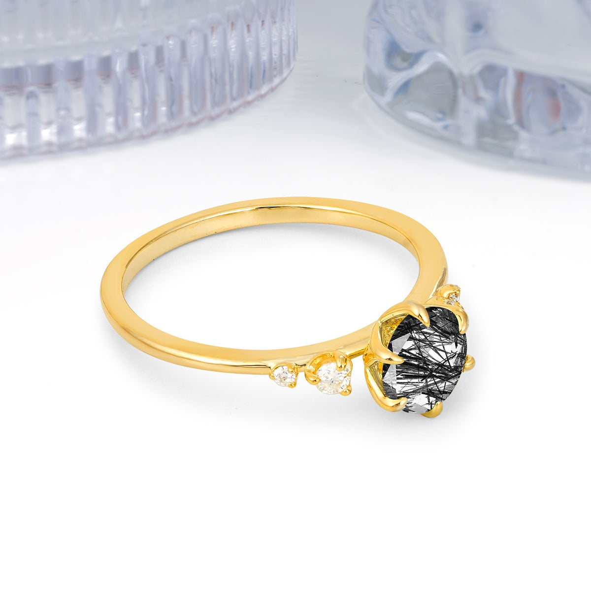 Unique and Minimalist 6-Prong Round Cut Black Rutilated Quartz Engagement Ring - Additional view