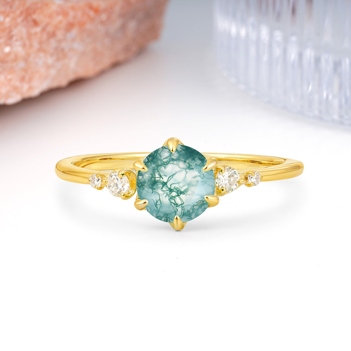 Unique and Minimalist 6-Prong Round Cut Moss Agate Engagement Ring - Additional view
