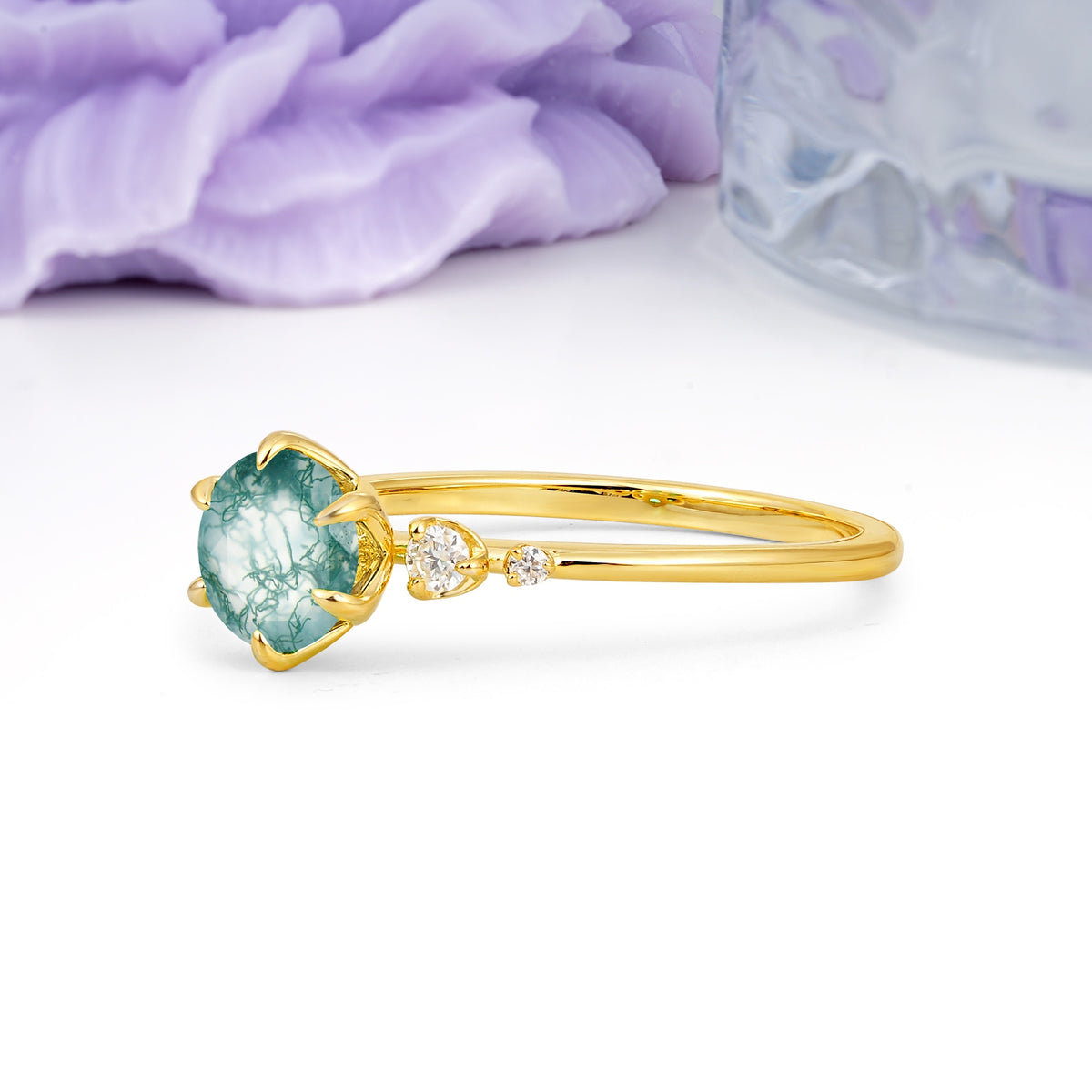 Unique and Minimalist 6-Prong Round Cut Moss Agate Engagement Ring - Additional view