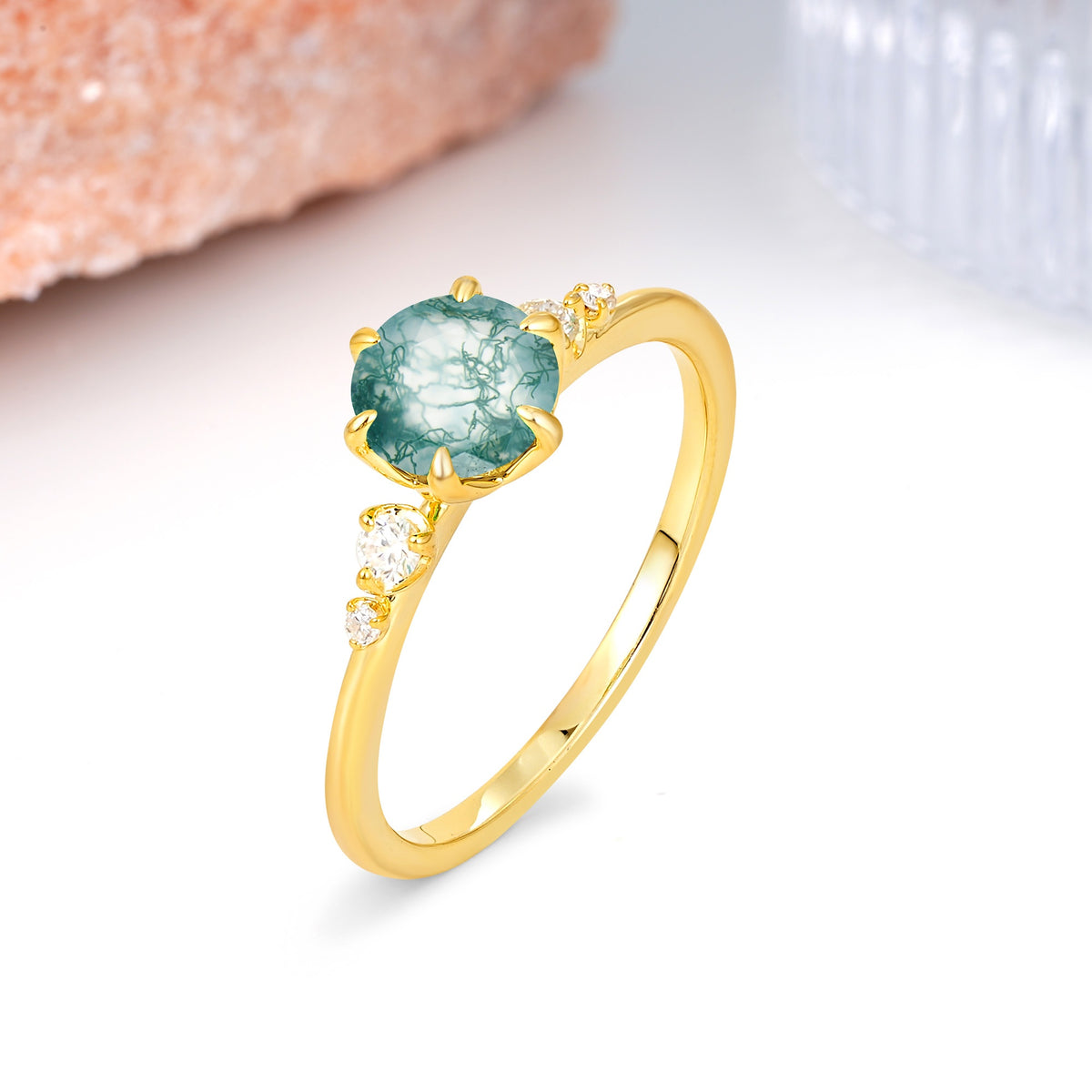 Unique and Minimalist 6-Prong Round Cut Moss Agate Engagement Ring - Additional view