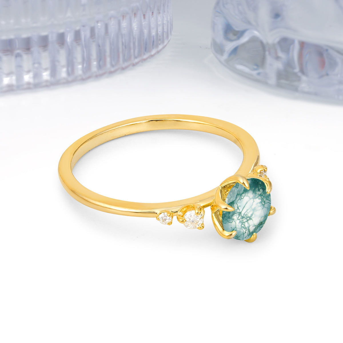 Unique and Minimalist 6-Prong Round Cut Moss Agate Engagement Ring - Additional view