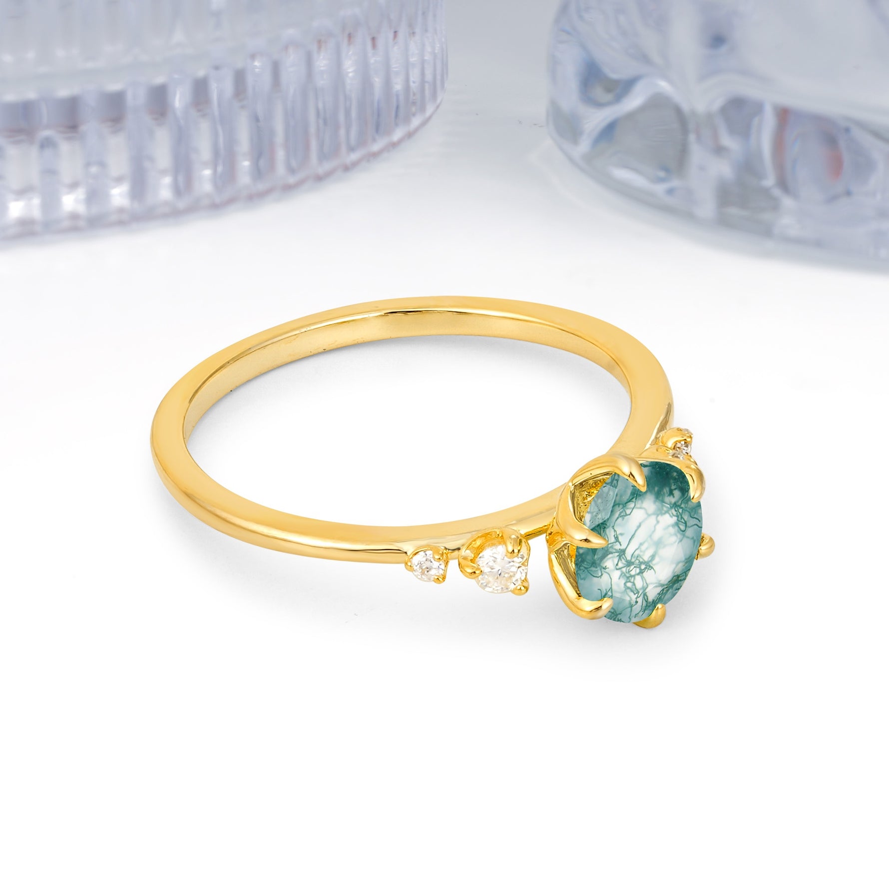 Unique and Minimalist 6-Prong Round Cut Moss Agate Engagement Ring - Additional view