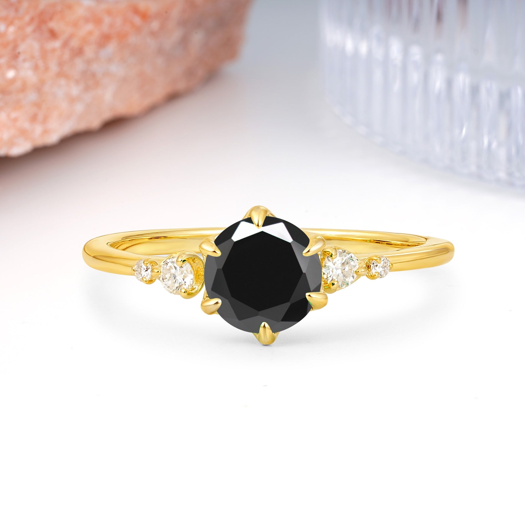 Unique and Minimalist 6-Prong Round Cut Black Onyx Engagement Ring - Additional view