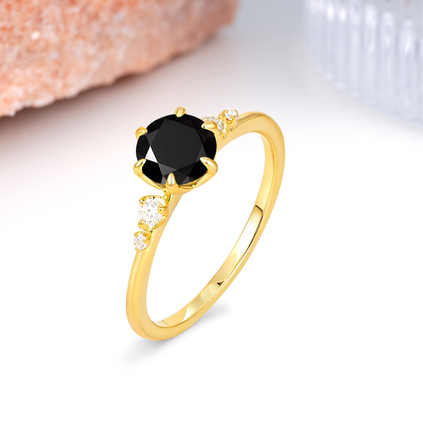 Unique and Minimalist 6-Prong Round Cut Black Onyx Engagement Ring - Additional view