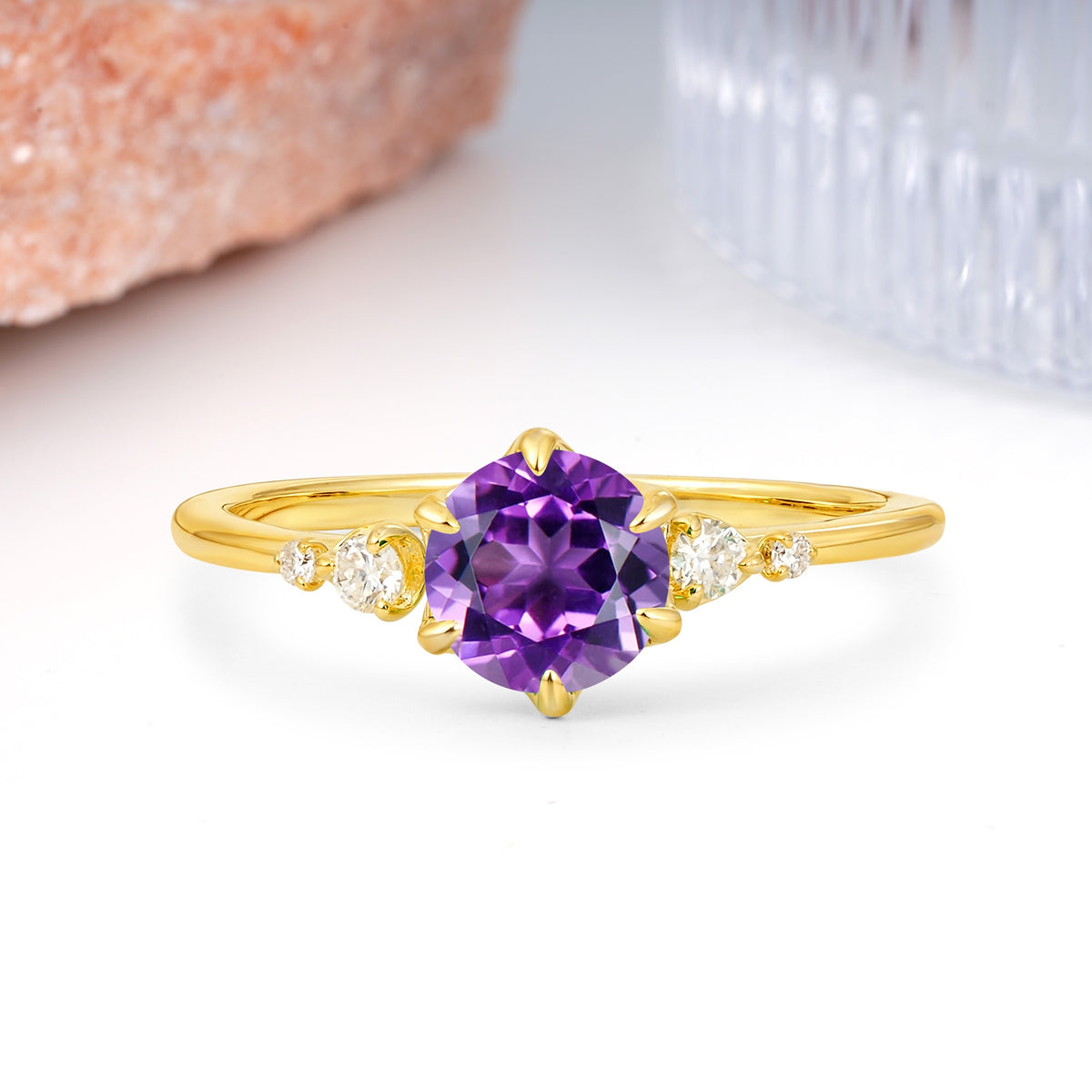 Unique and Minimalist 6-Prong Round Cut Amethyst Engagement Ring - Additional view