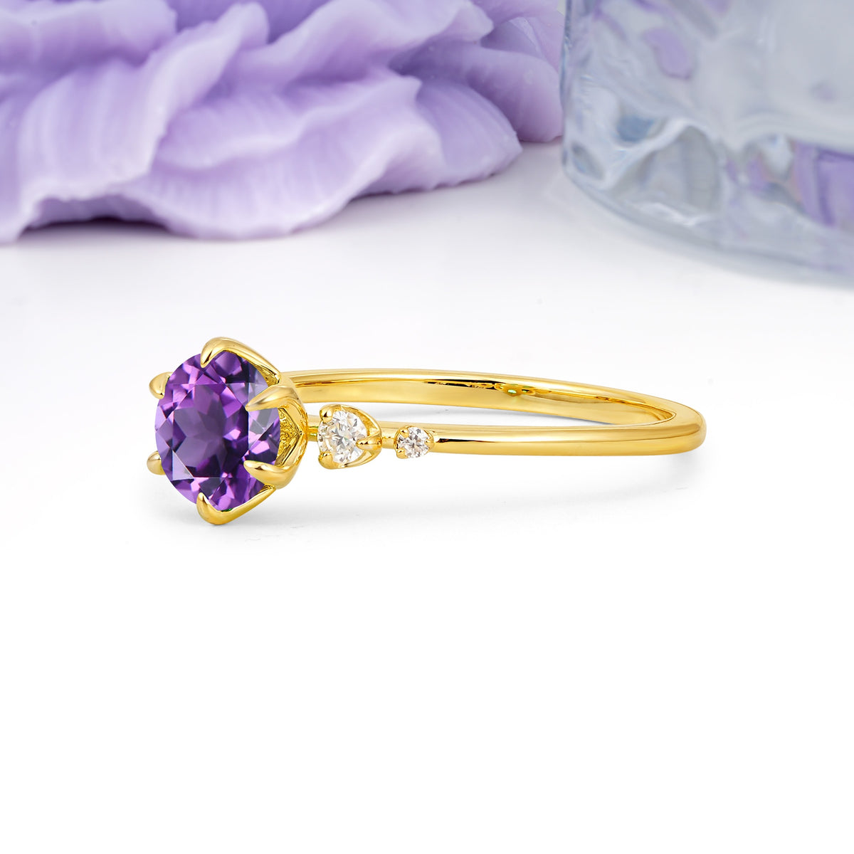 Unique and Minimalist 6-Prong Round Cut Amethyst Engagement Ring - Additional view