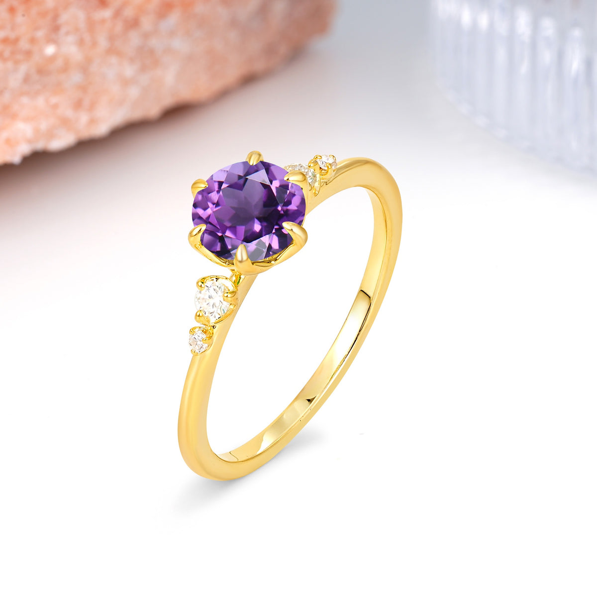 Unique and Minimalist 6-Prong Round Cut Amethyst Engagement Ring - Additional view