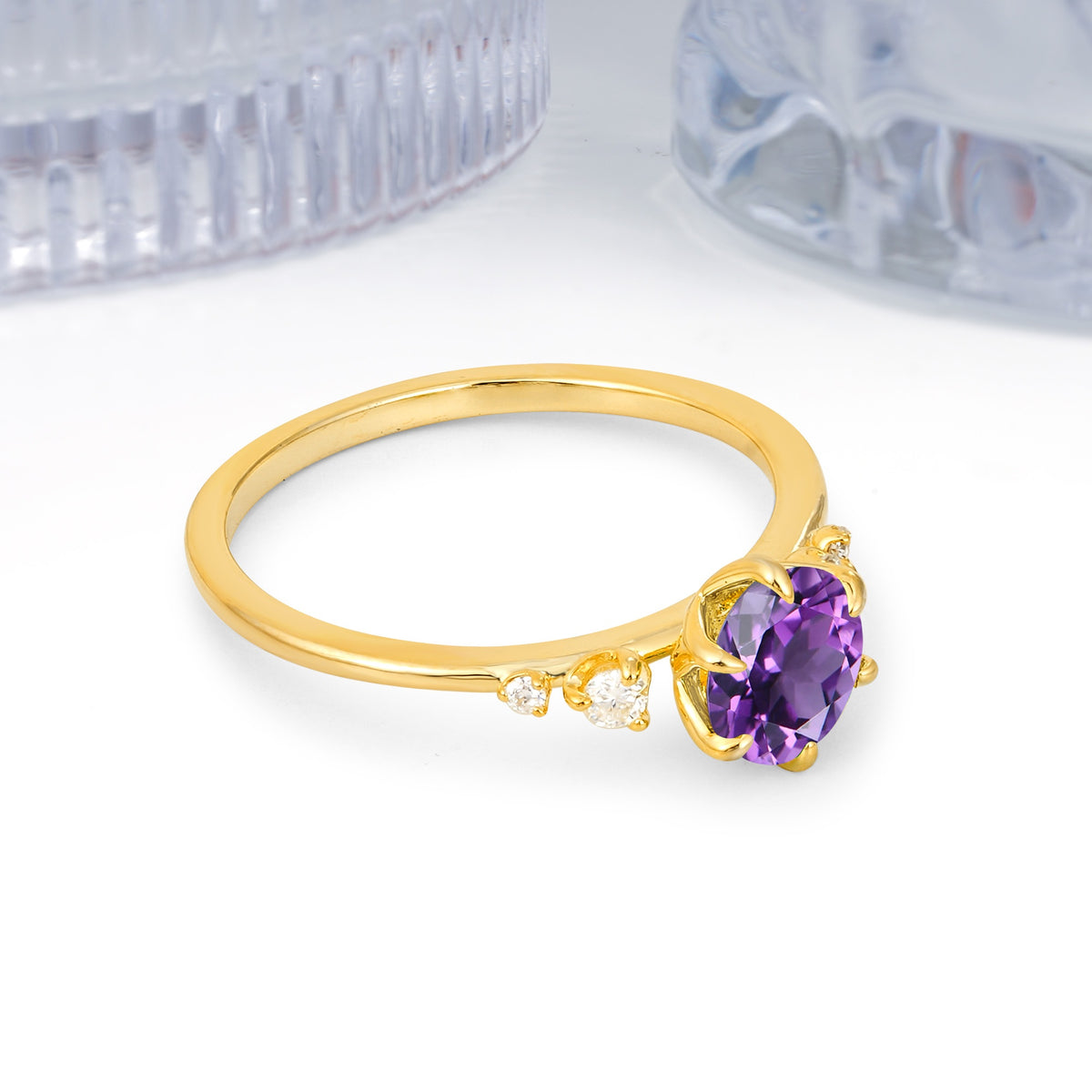 Unique and Minimalist 6-Prong Round Cut Amethyst Engagement Ring - Additional view