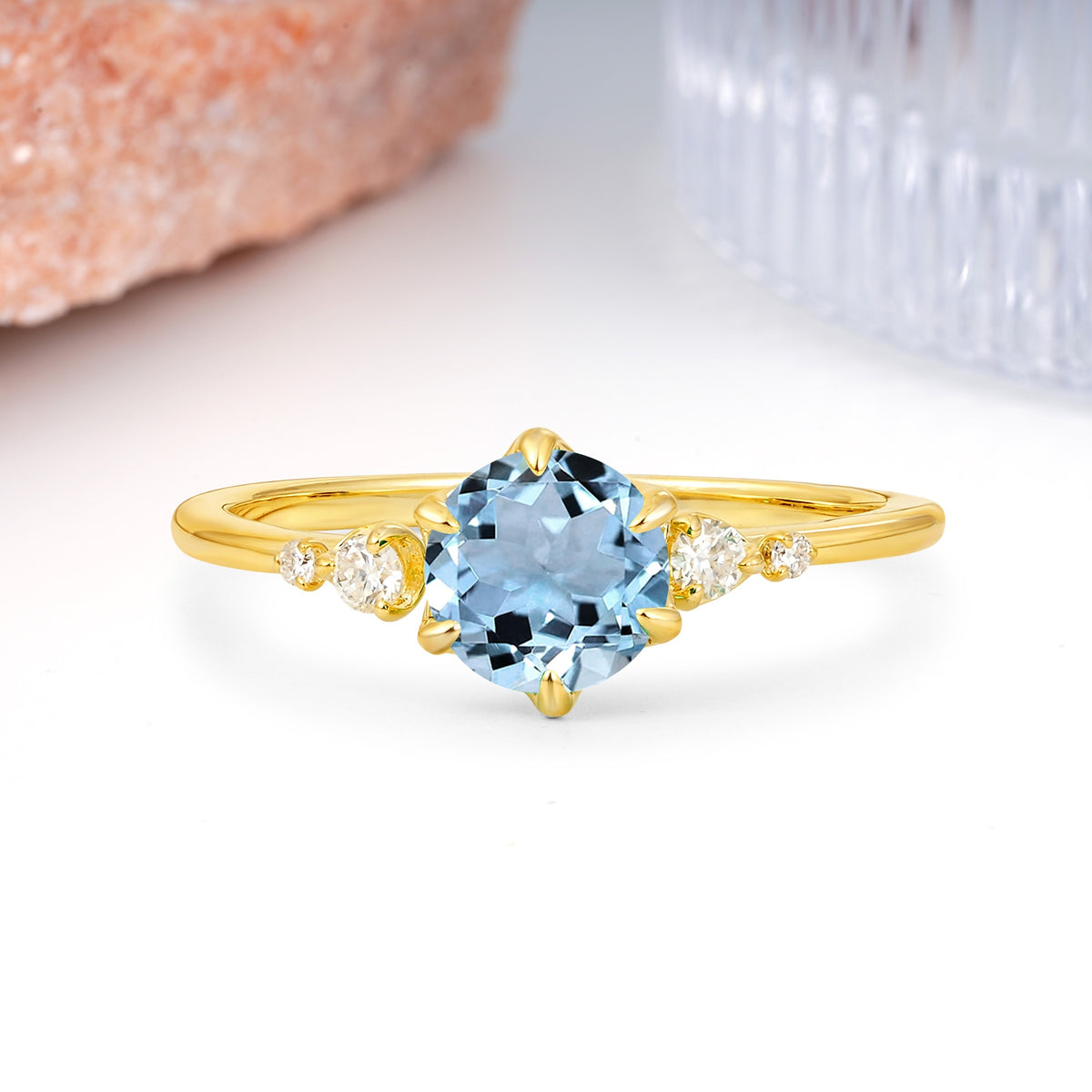 Unique and Minimalist 6-Prong Round Cut Aquamarine Engagement Ring - Additional view