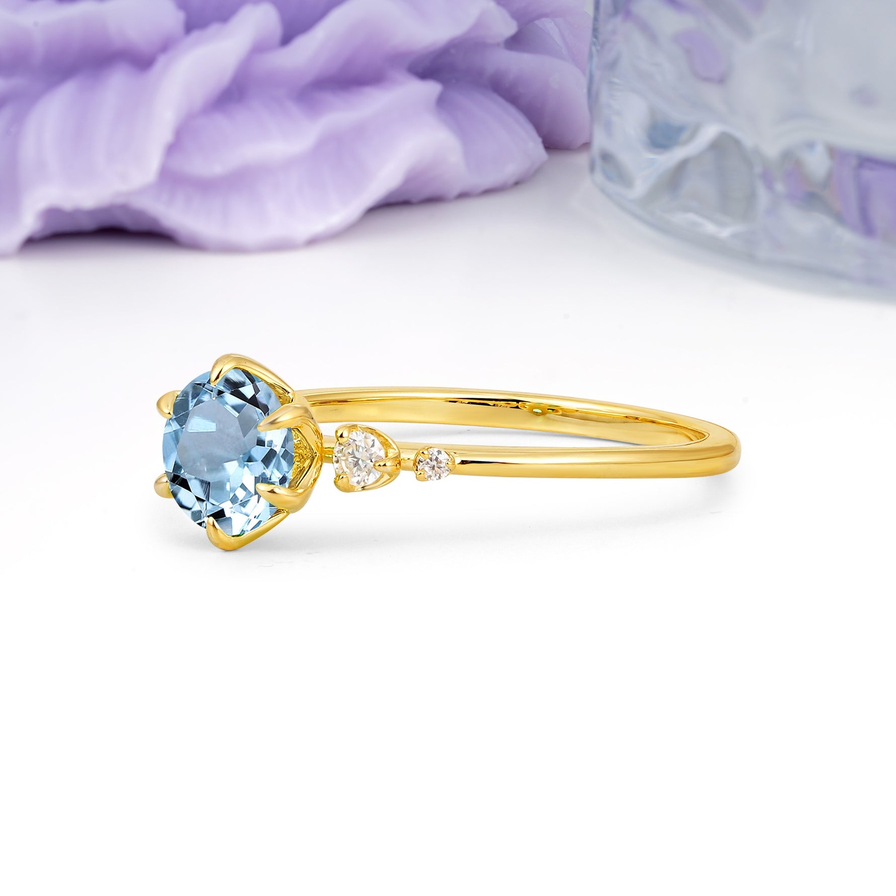 Unique and Minimalist 6-Prong Round Cut Aquamarine Engagement Ring - Additional view