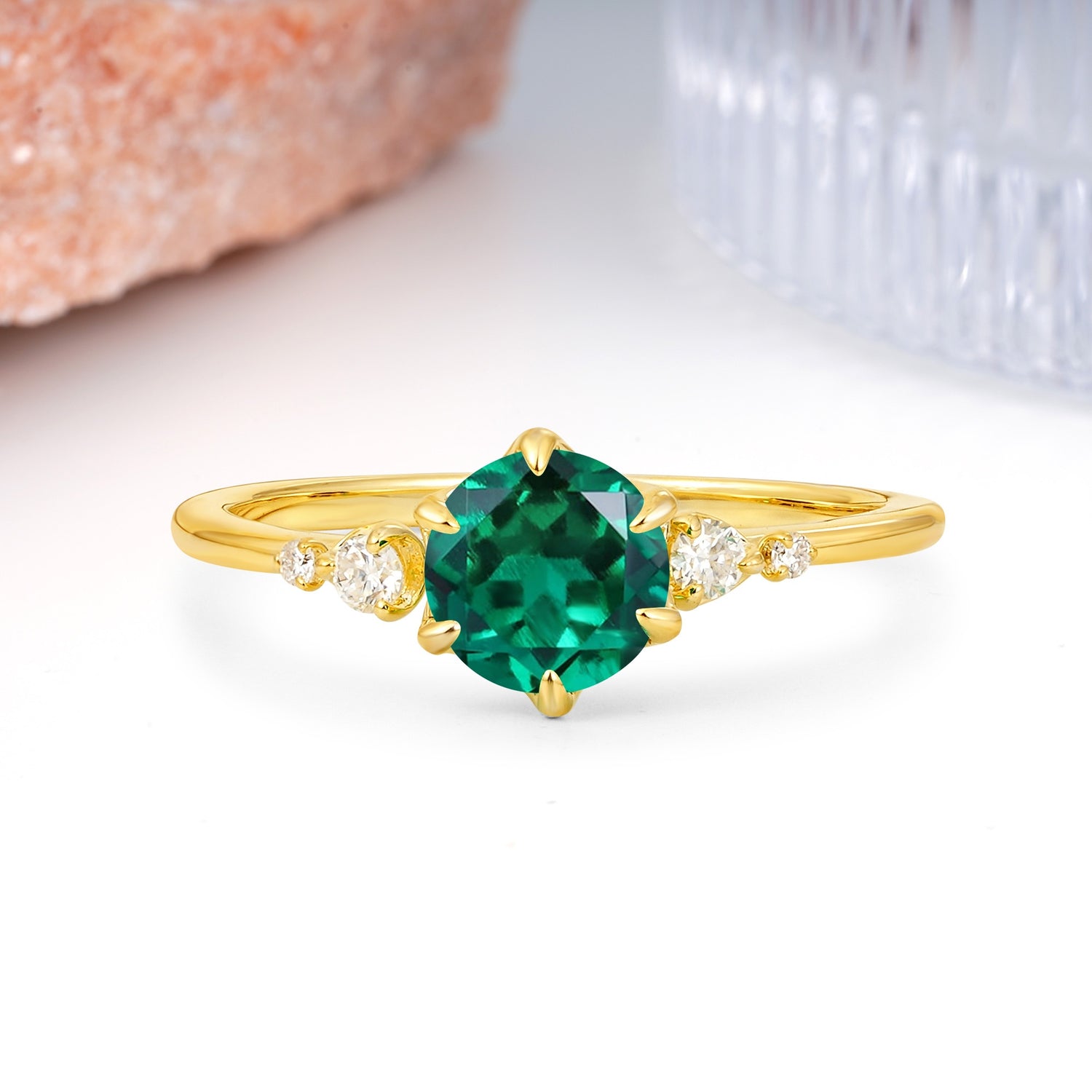 Unique and Minimalist 6-Prong Round Cut Emerald Engagement Ring - Additional view