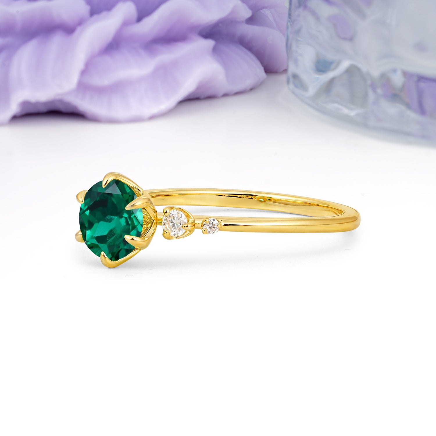 Unique and Minimalist 6-Prong Round Cut Emerald Engagement Ring - Additional view