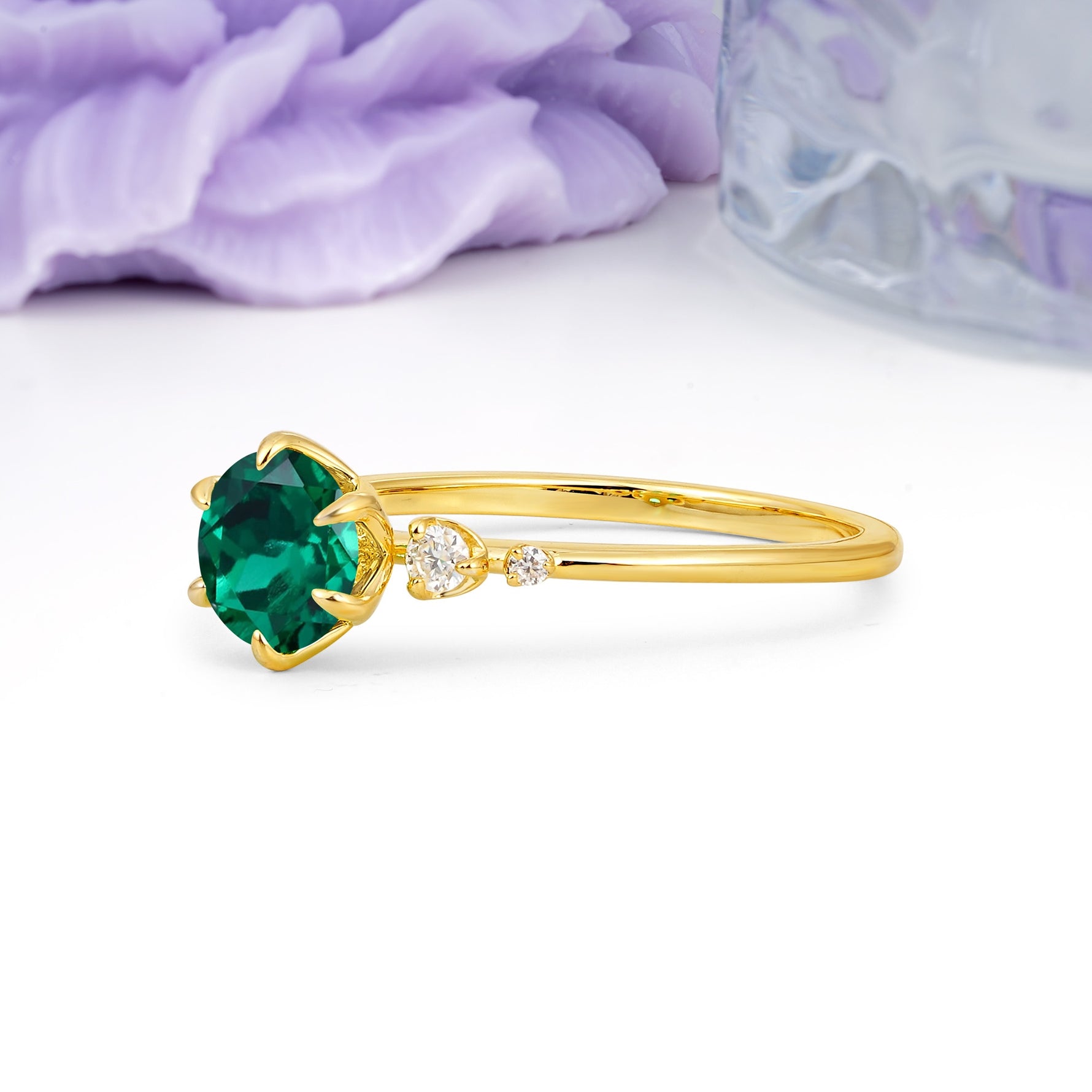 Unique and Minimalist 6-Prong Round Cut Emerald Engagement Ring - Additional view