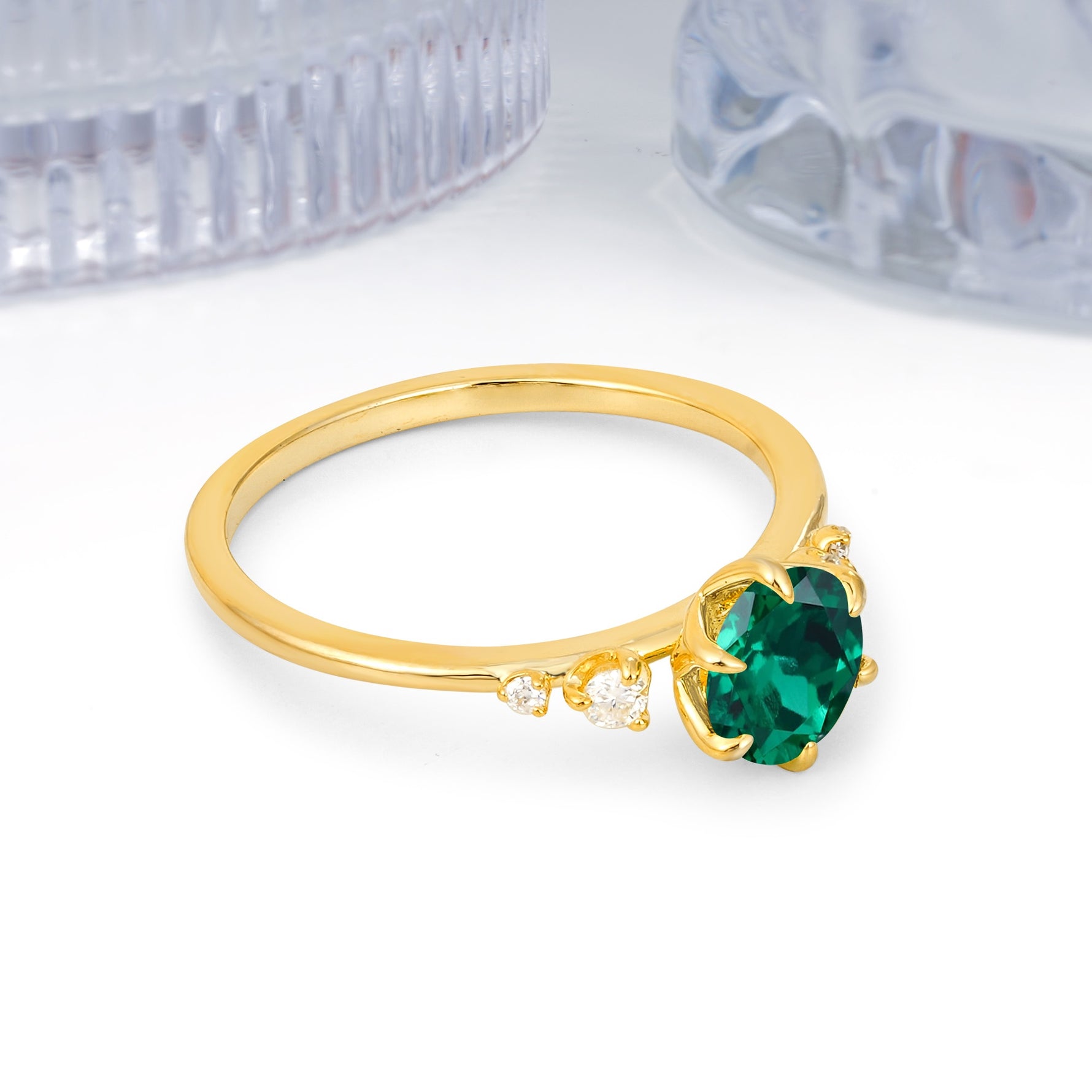 Unique and Minimalist 6-Prong Round Cut Emerald Engagement Ring - Additional view