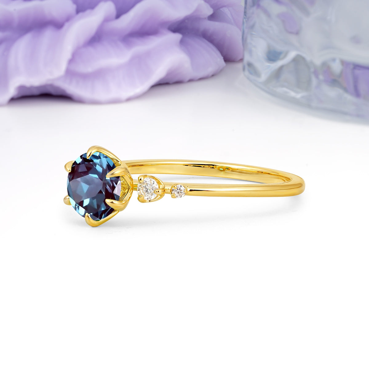 Unique and Minimalist 6-Prong Round Cut Alexandrite Engagement Ring - Additional view