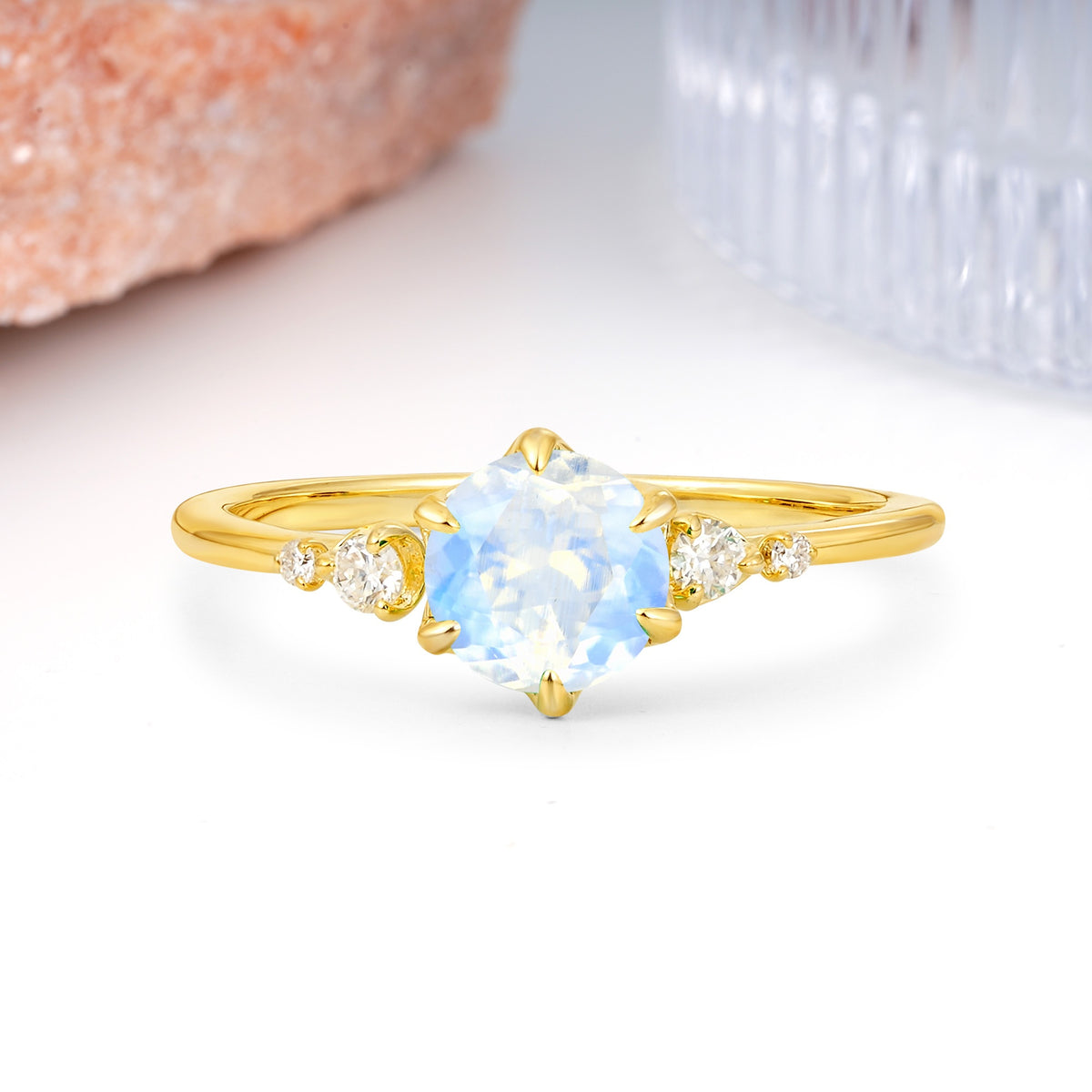 Unique and Minimalist 6-Prong Round Cut Moonstone Engagement Ring - Additional view