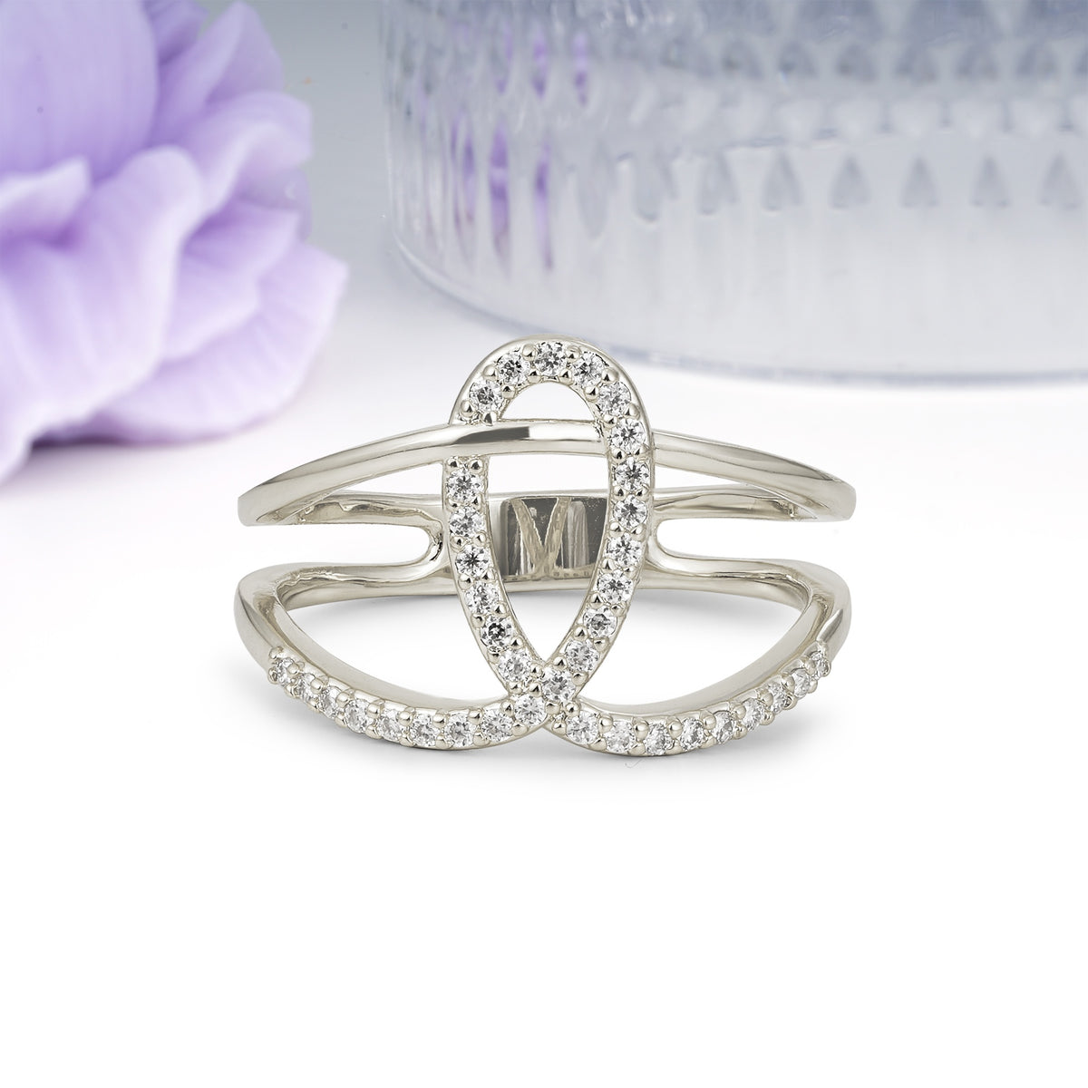 Geometric Two-Tier Intertwined Oval Half Side Pave Moissanite Wedding Ring - Additional view
