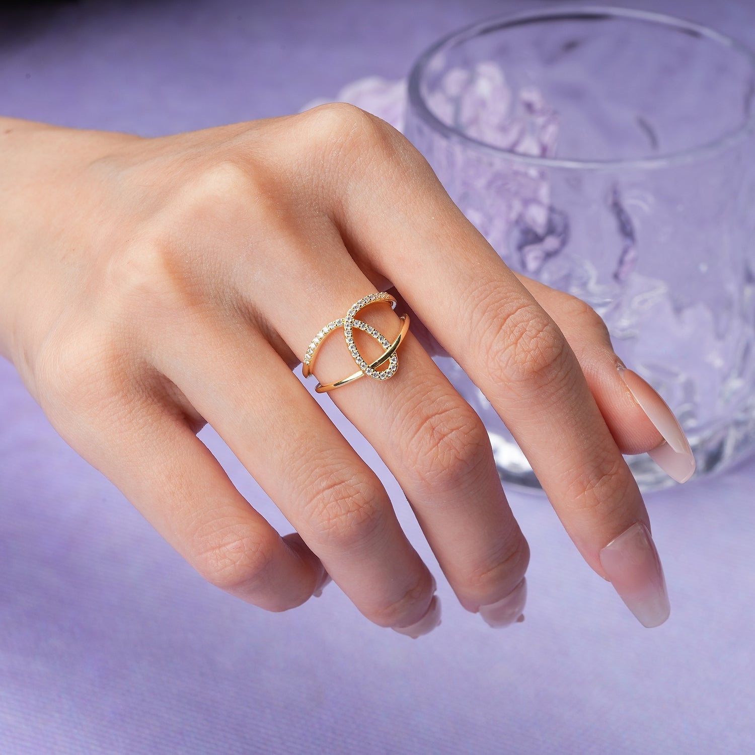 Geometric Two-Tier Intertwined Oval Half Side Pave Moissanite Wedding Ring