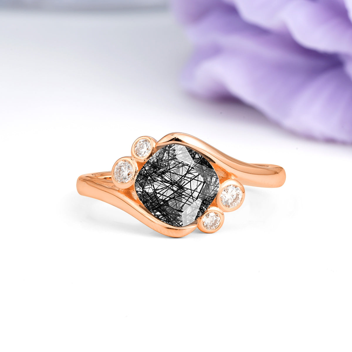 Unique Inset Princess Cut Black Rutilated Quartz Engagement Ring - Additional view