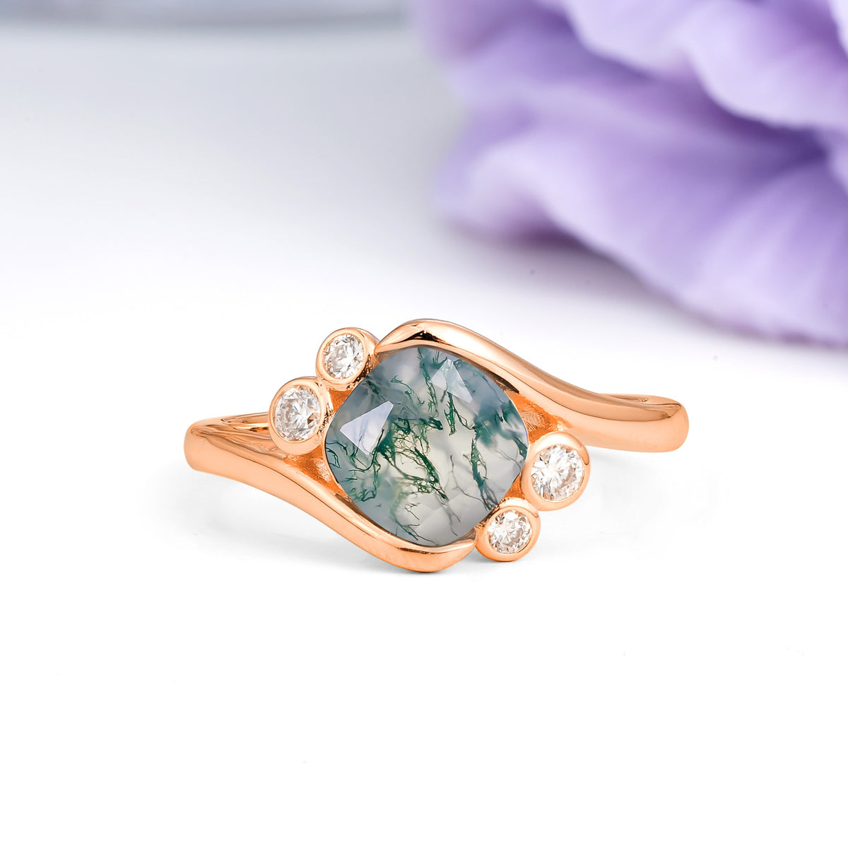Unique Inset Princess Cut Moss Agate Engagement Ring - Additional view