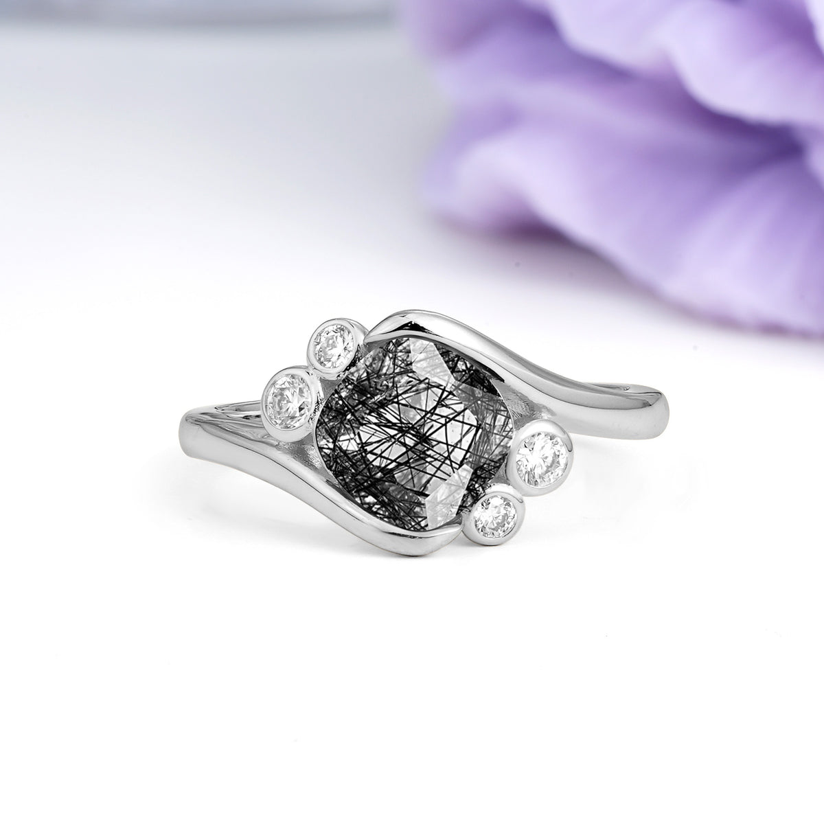 Unique Inset Princess Cut Black Rutilated Quartz Engagement Ring - Additional view
