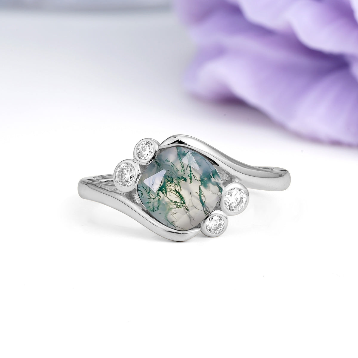 Unique Inset Princess Cut Moss Agate Engagement Ring - Additional view