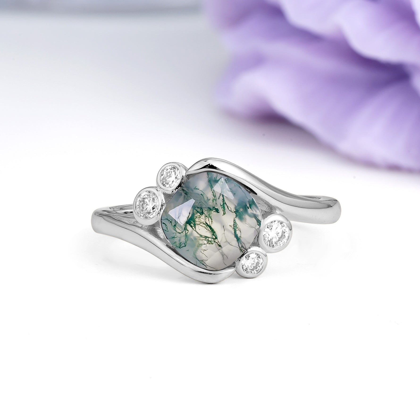 Unique Inset Princess Cut Moss Agate Engagement Ring - Additional view