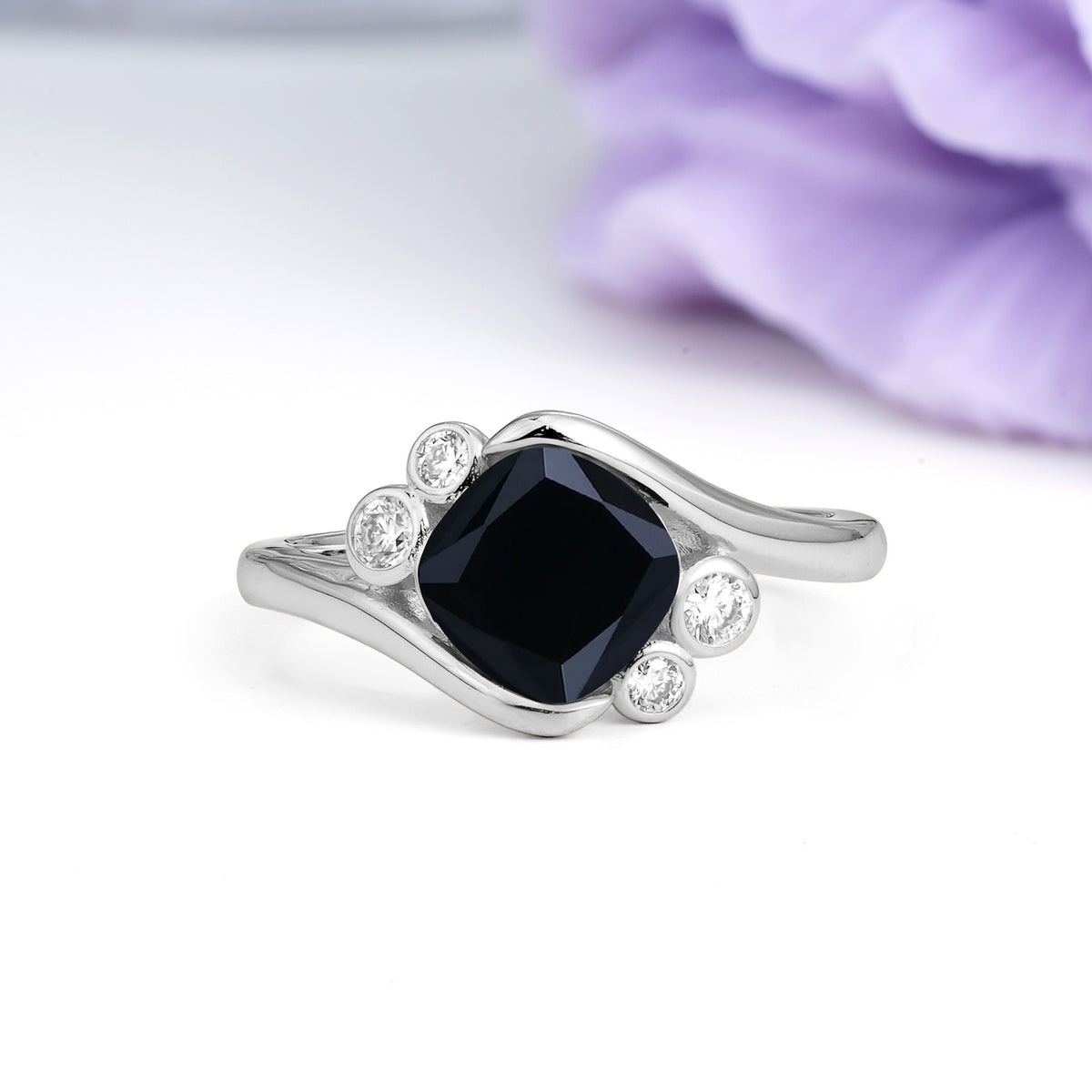 Unique Inset Princess Cut Black Onyx Engagement Ring - Additional view